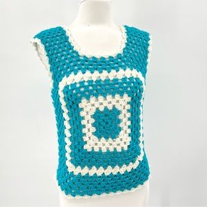 Vintage Turquoise and White Granny Square Crocheted Sweater Vest S/M